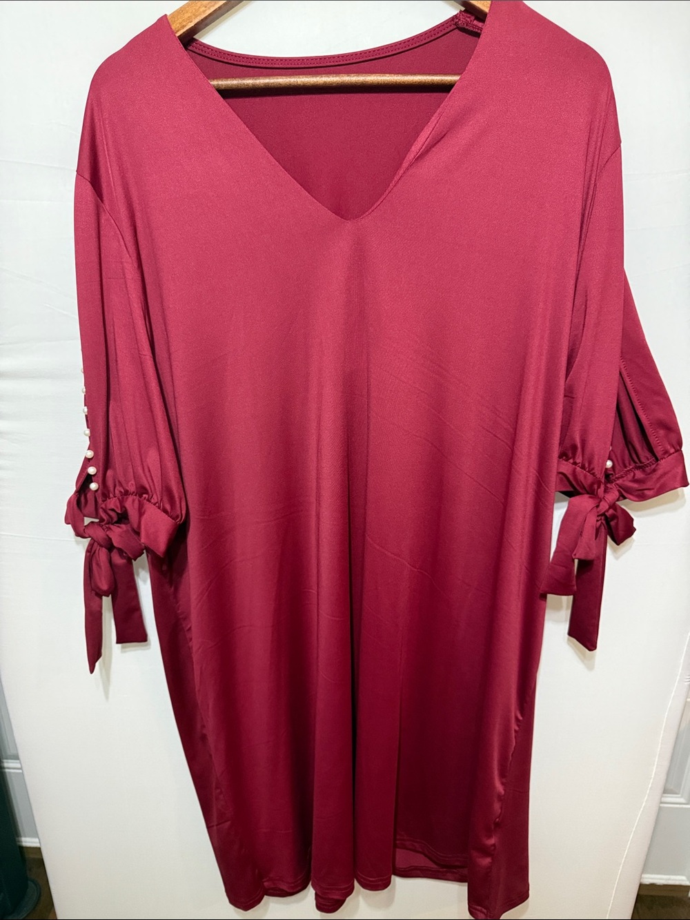 Pearl-Trim Burgundy V-Neck Tunic
